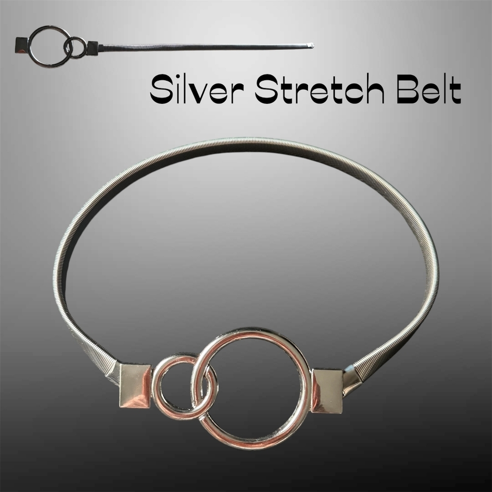 Double O-Ring Stretch Belt Shiny Silvertone XS Small Work Wear or Casual NWOT